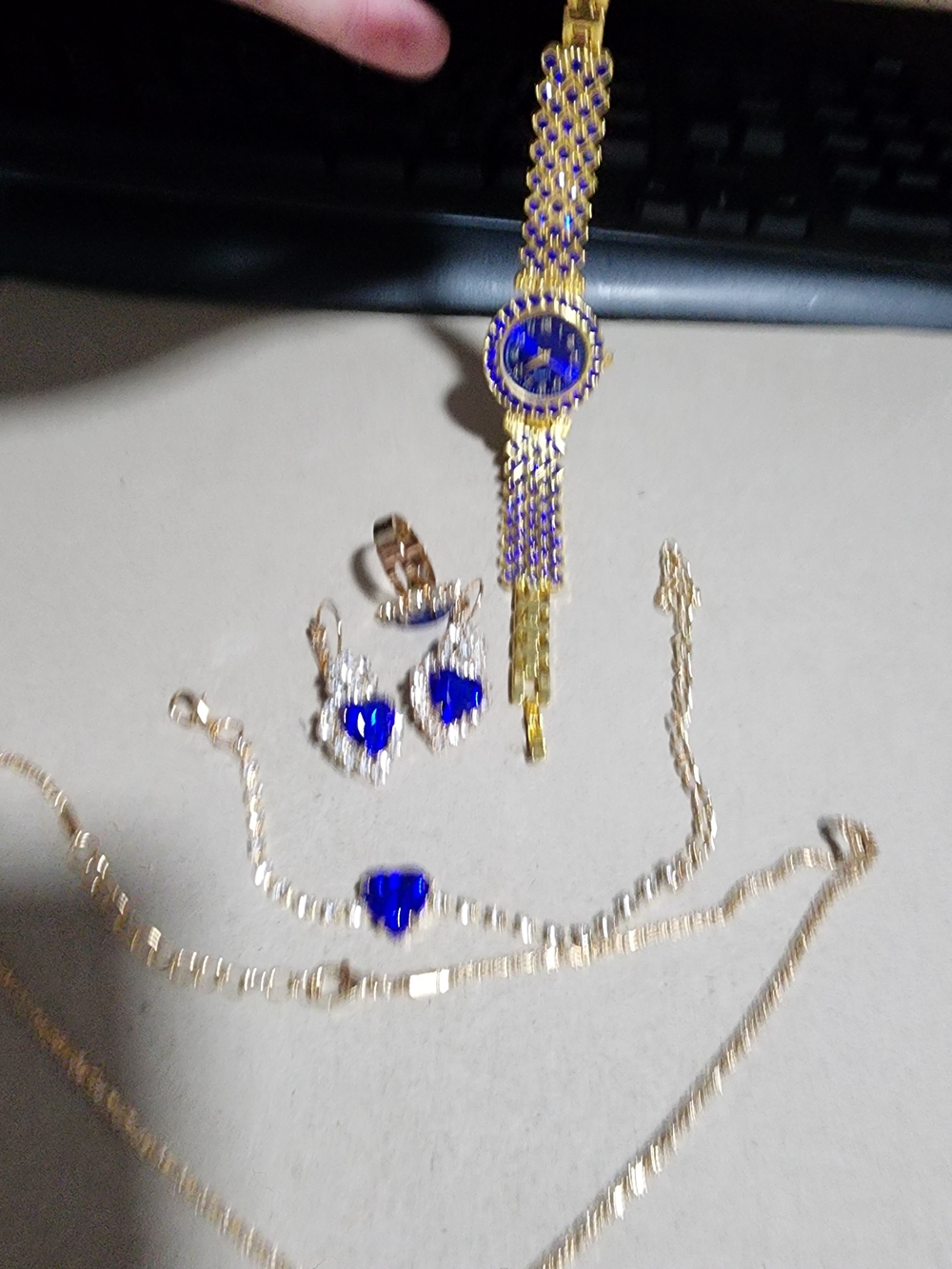 Gold-Tone Women's Watch and Jewelry Set with Bold Blue Accents